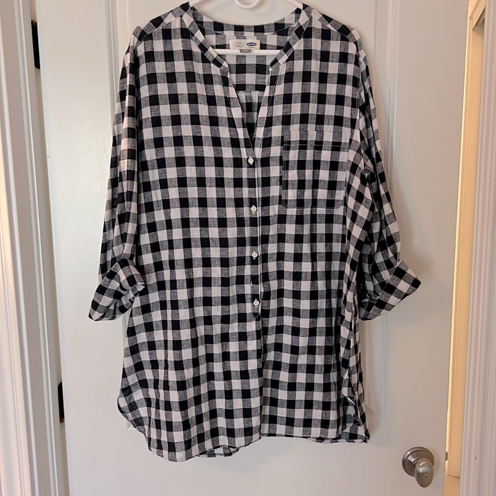 Old Navy buffalo check navy and white linen tunic, size XXL